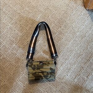 THINK ROYLN Camouflage Crossbody Bag with Striped Strap